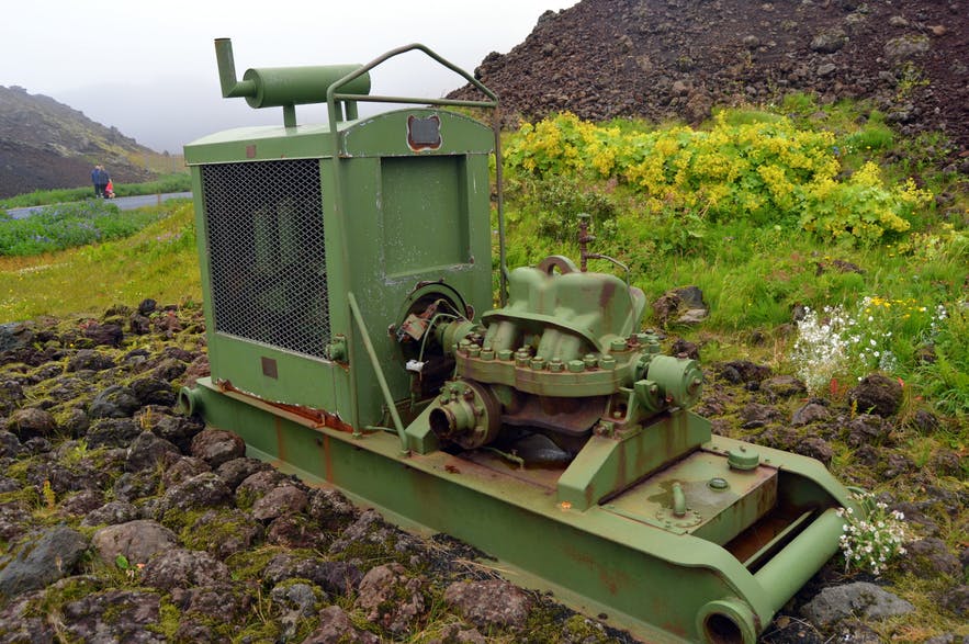 Um den Hafen von Heimaey zu retten, wurde mit einer dieser Maschinen Meerwasser auf die Lava von Eldfell gepumpt.