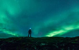 A tour joiner admiring a display of the northern lights against a starry sky in Iceland.