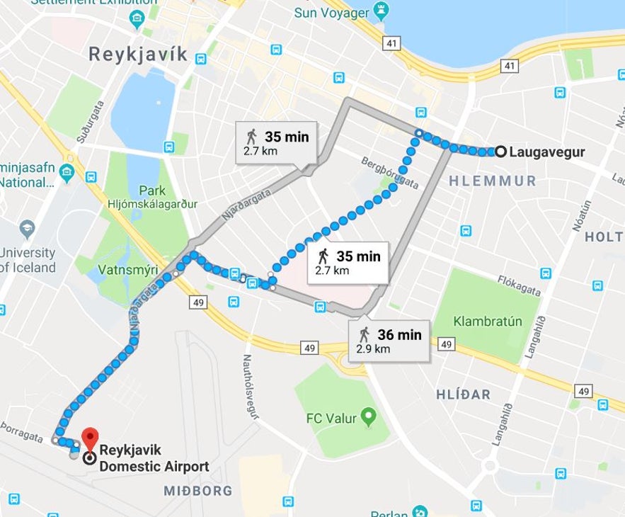 ダウンタウンからレイキャビク国内空港までの道のり