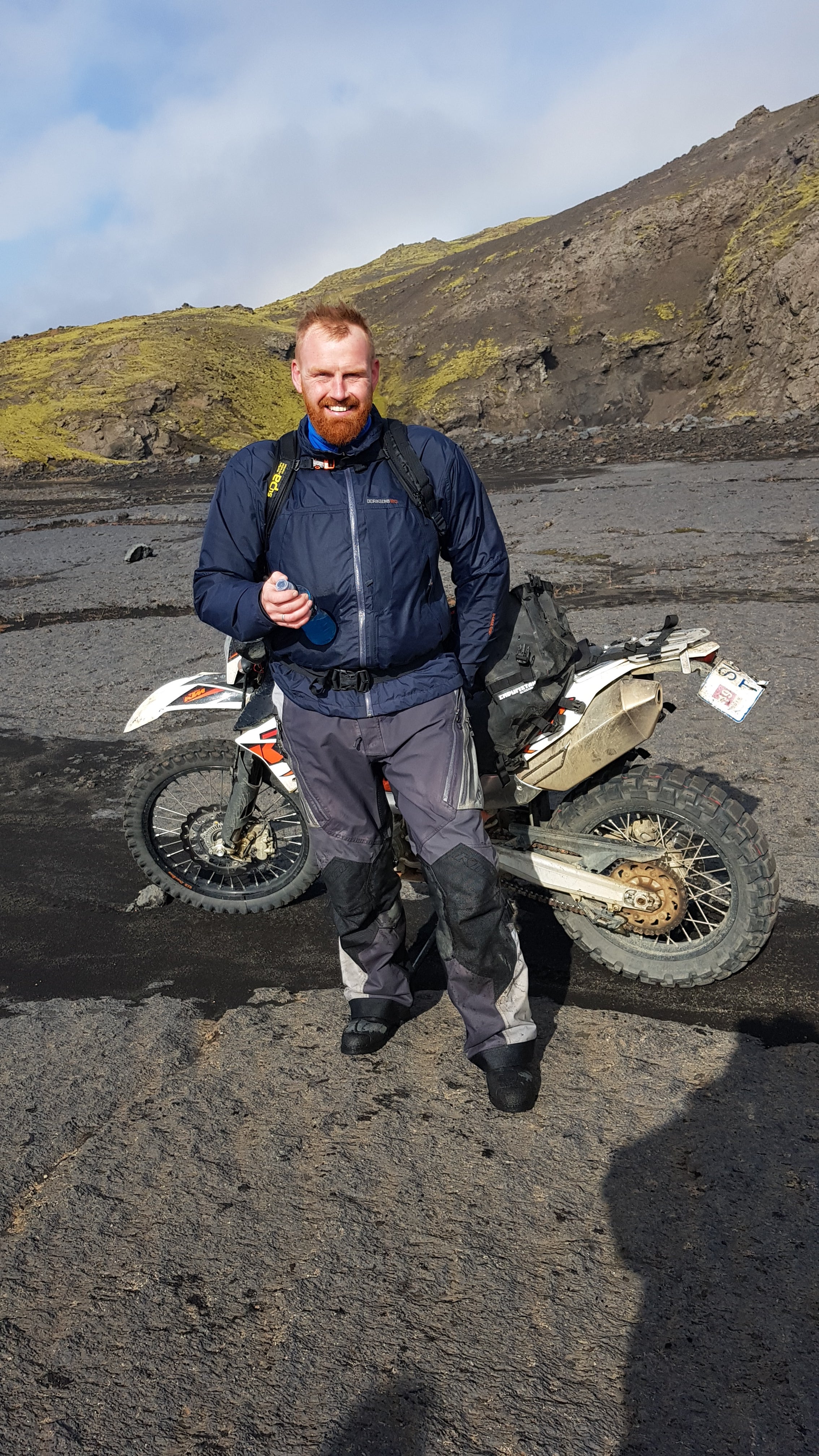 A man and his steel horse, ready to take on the Icelandic highlands.