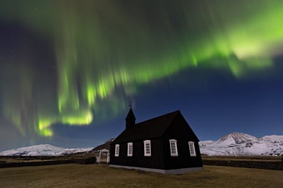 Búðarkirkja church on the Snæfellsnes Peninsula under the Northern Lights.