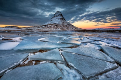 The pyramid-shaped mountain, Kirkjufell, on the Snæfellsnes Peninsula in winter.