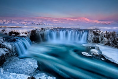 The beautiful waterfall Goðafoss is located a short drive from Lake Mývatn.