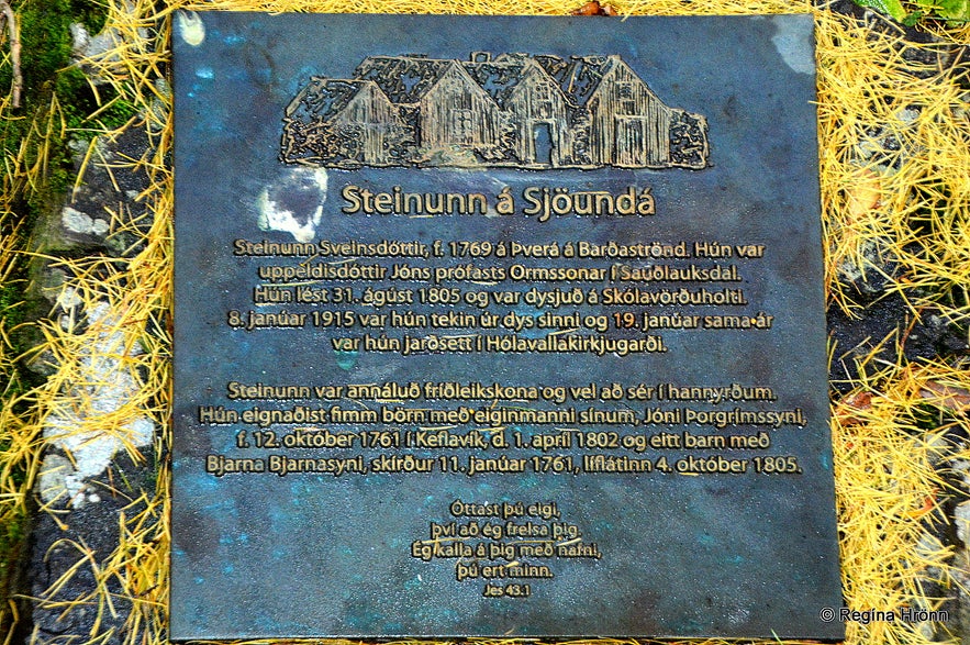 Steinunn á Sjöundá plaque on her grave in Hólavallakirkjugarður cemetary in Reykjavík