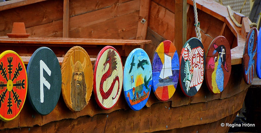 Viking ship with shields at Hauganes