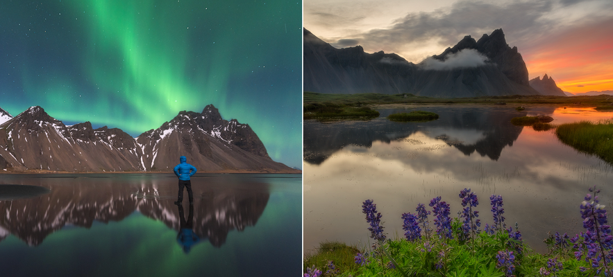 冰島Vestrahorn 極光午夜陽光