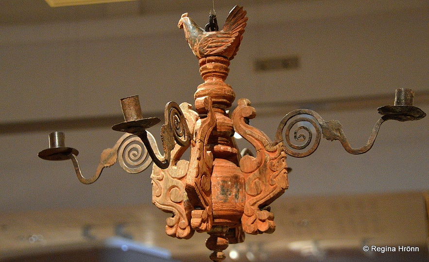 An old chandelier from H&aacute;lskirkja church on display at the National Museum of Iceland