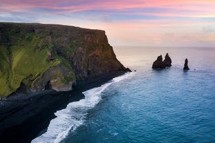 A top view of the Reynisfjara black sand beach in Iceland.