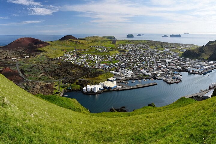 An aerial view of Heimaey, the main island of the Westman Islands.