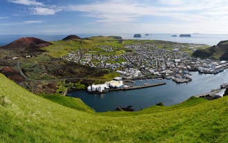 An aerial view of Heimaey, the main island of the Westman Islands.
