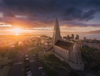 Sunset shot from behind Hallgrimskirkja church in the center of Iceland's capital, Reykjavik.