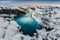 Aldeyarfoss is surrounded by basalt columns, and can be found in north Iceland. Pictured here in winter.