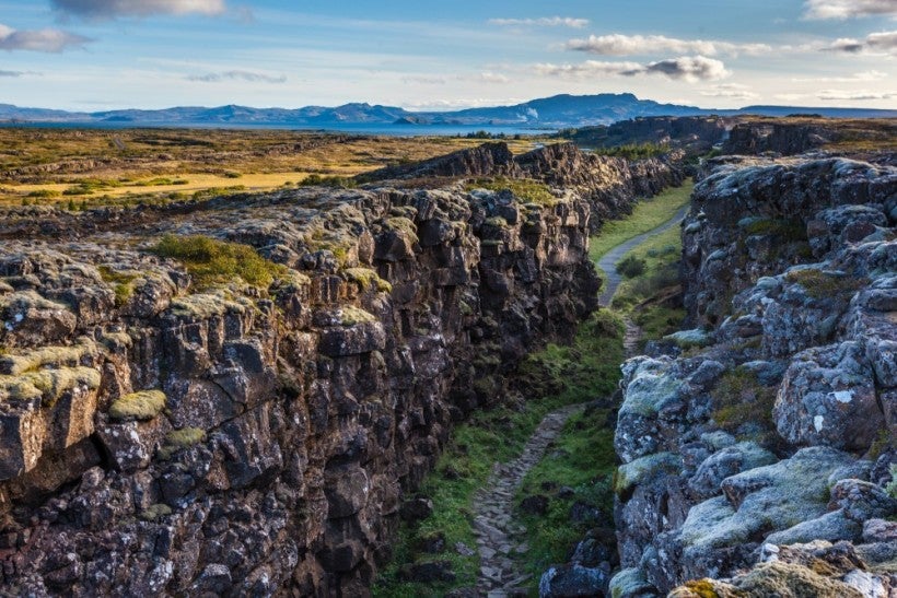 Almannagjá gorge in Þingvellir national parliament park is a rift between the two continental plates.