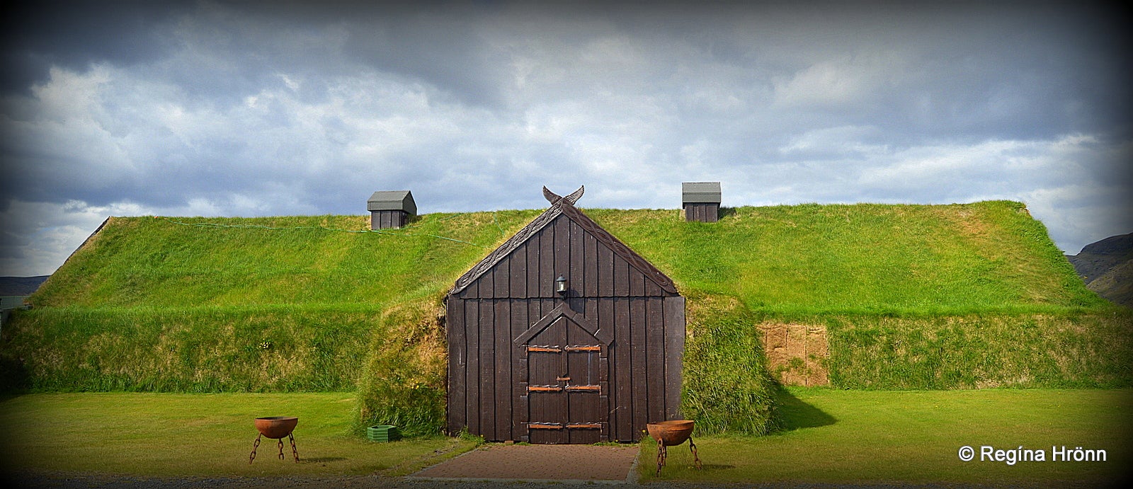 The Viking Settler Ingólfur Arnarson, Mt. Ingólfsfjall and Ingólfsskáli Turf Longhouse in South Iceland