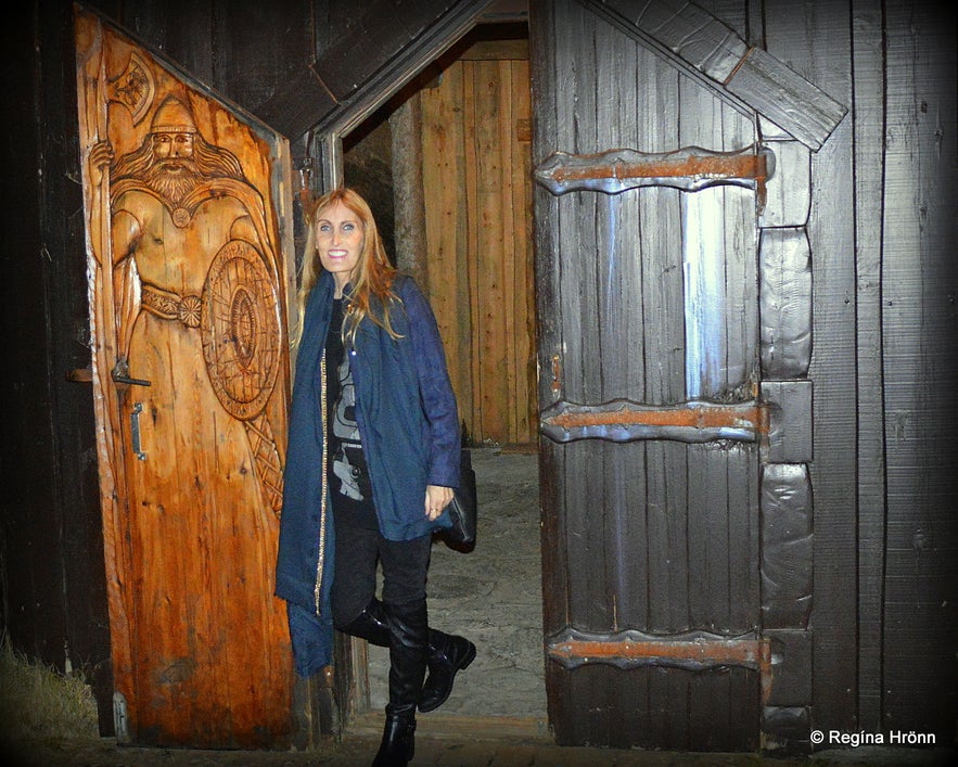 Regína at Ingólfsskáli turf longhouse replica in South-Iceland