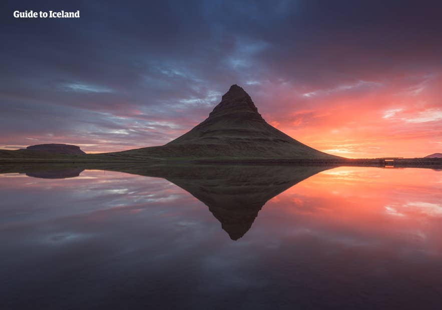 Calm summer weather at Kirkjufell Mountain on the Snaefellsnes Peninsula.