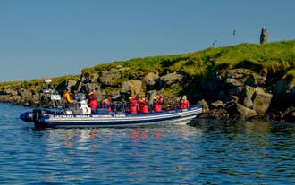 De RIB-boot vaart dicht langs het eiland met papegaaiduikers bij Reykjavík.