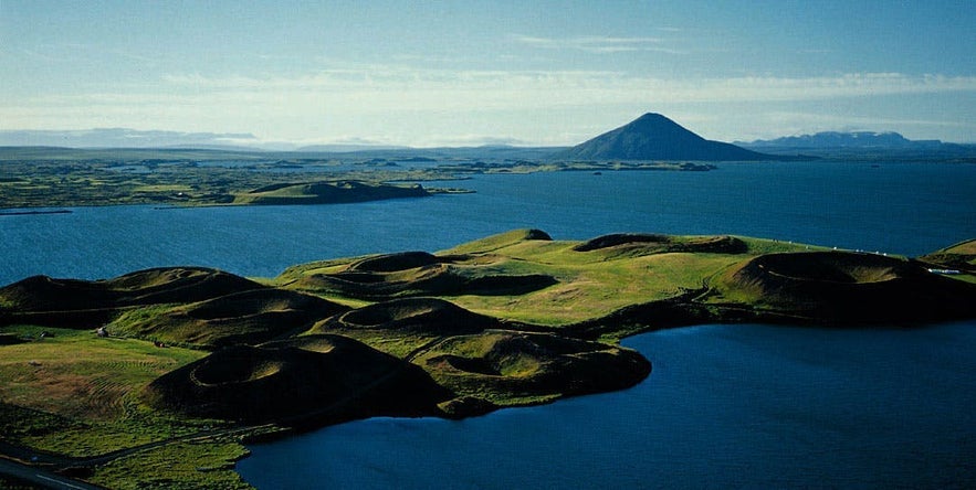 An aerial perspective over the Skutustadagigar Pseudocraters.