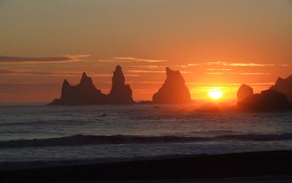 The Reynisdrangar sea stacks are beautiful at dawn and dusk.