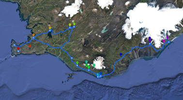 Questa è la mappa del tour in autonomia con auto a noleggio estivo di tre giorni lungo la costa meridionale dell'Islanda
