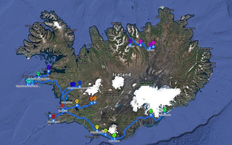 This map shows the path your journey will take as you explore the Game of Thrones filming locations in Iceland.