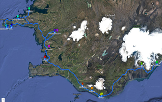 Ta mapa pokazuje podróż wzdłuż południowego wybrzeża, gdzie zobaczysz lodową jaskinię, a następnie wrócisz na zachód na półwysep Snæfellsnes, gdzie spędzisz noc przed powrotem do Reykjaviku.