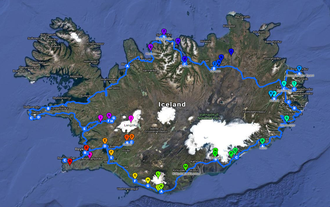 Een kaart met de route van deze 15-daagse self-drive wintertour in IJsland.