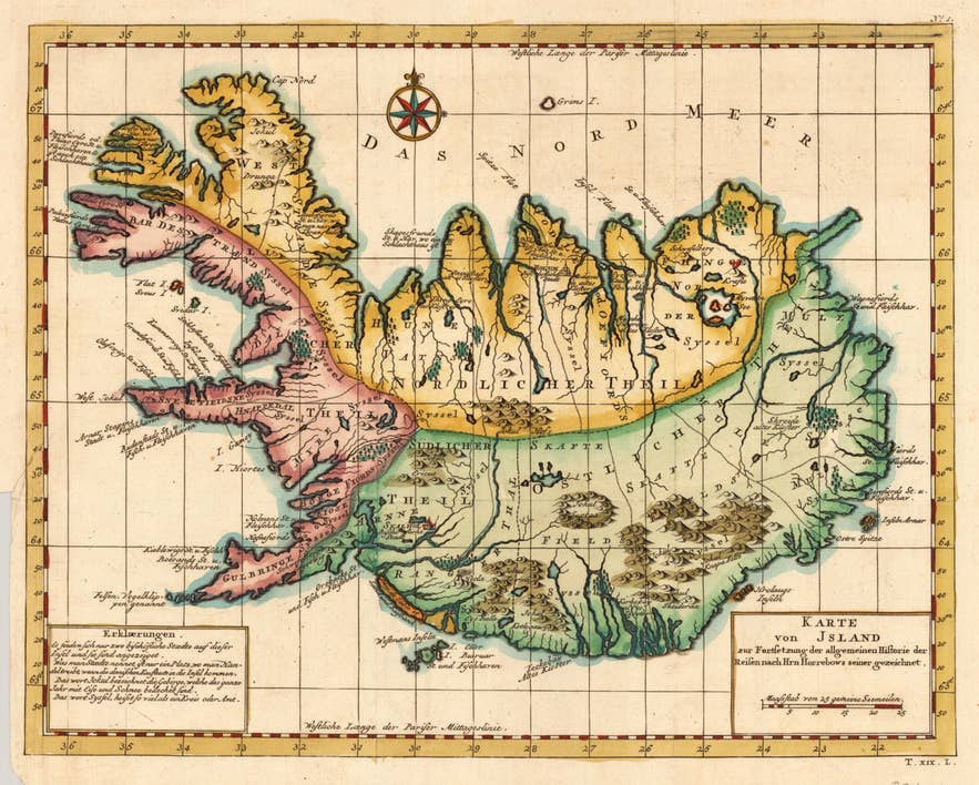 Karte von Island aus dem Jahr 1756, viele isländische Mittelnamen sind mit Ortsnamen verbunden.