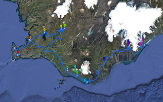 Eine Karte der Südküste Islands mit Pins für empfohlene Ziele entlang der Strecke.