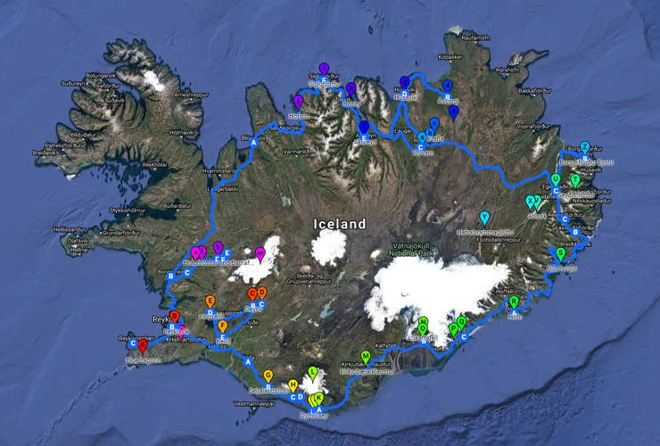 A map showing the stops on this eight-day self-drive camping tour of the Ring Road of Iceland.