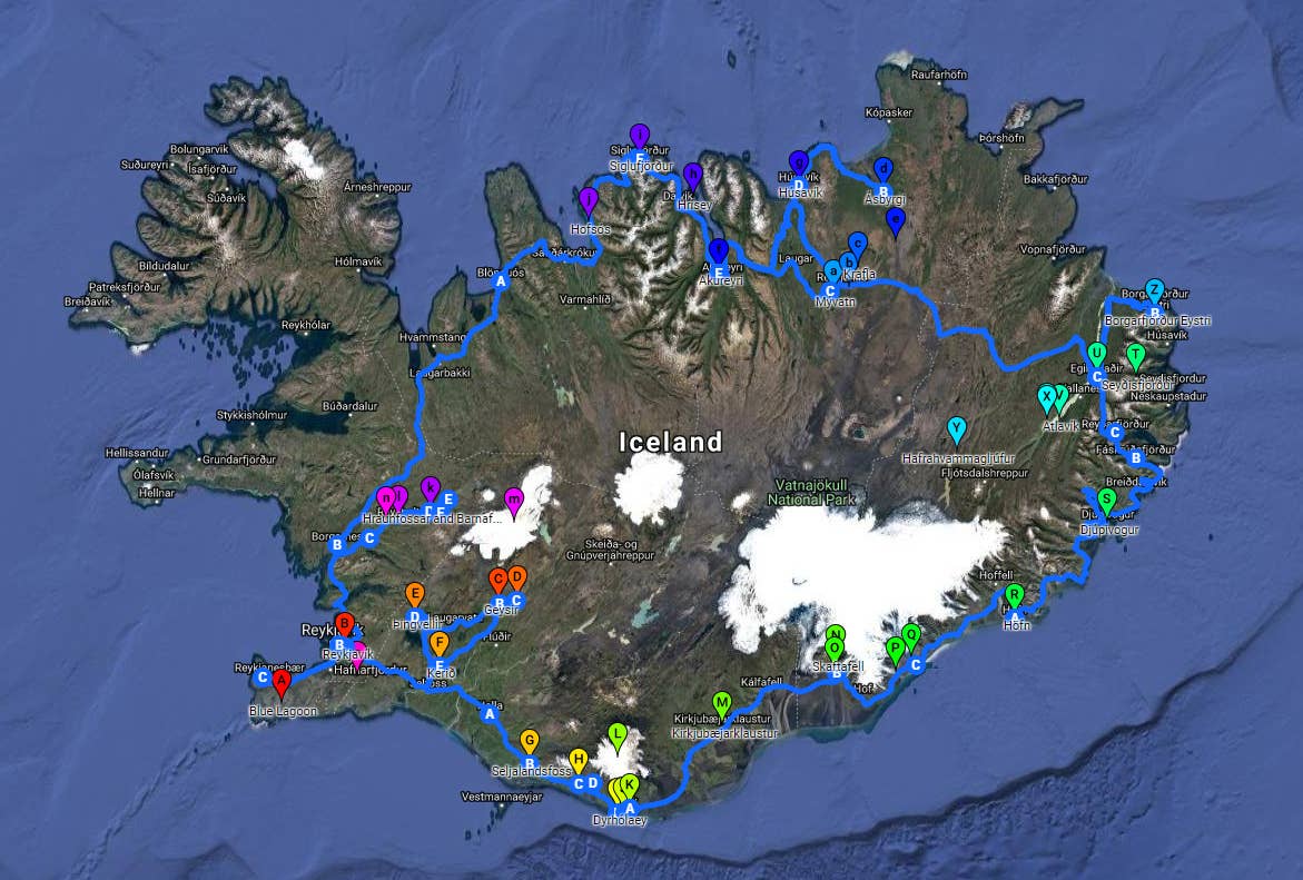 Une carte montrant les étapes de ce circuit de huit jours en camping autonome sur la route circulaire de l'Islande.