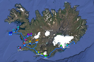 Eine Karte mit der Route dieser 7-tägigen romantischen Mietwagenreise durch Island.