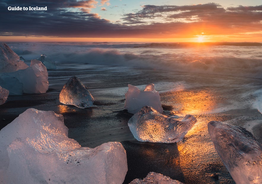 The Diamond Beach in south-east Iceland in the golden hour of photography.