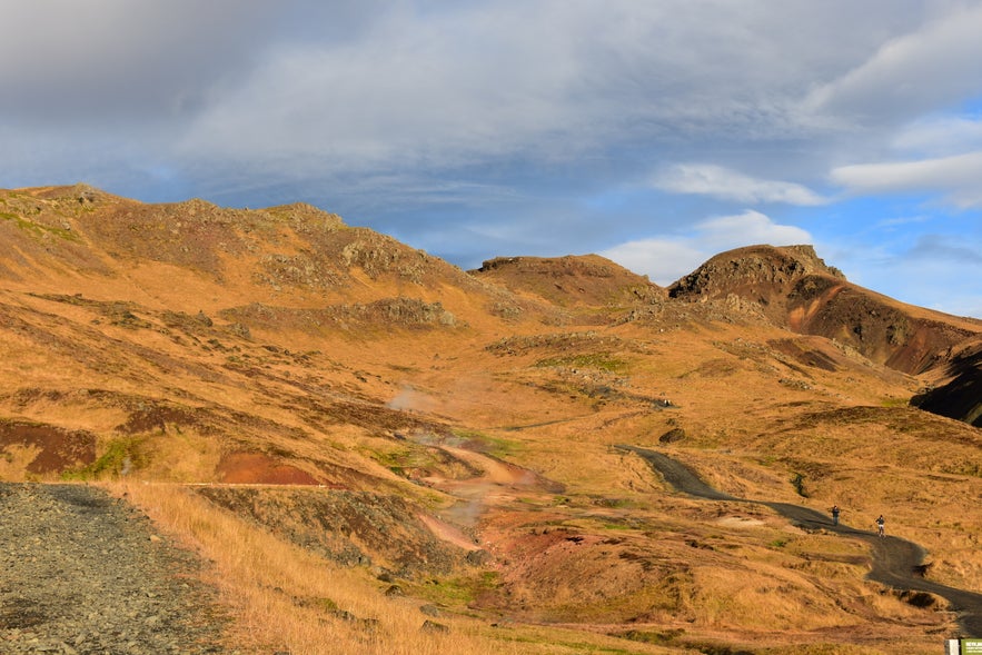 Rauchschwaden von den dampfenden Quellen in Reykjadalur Island