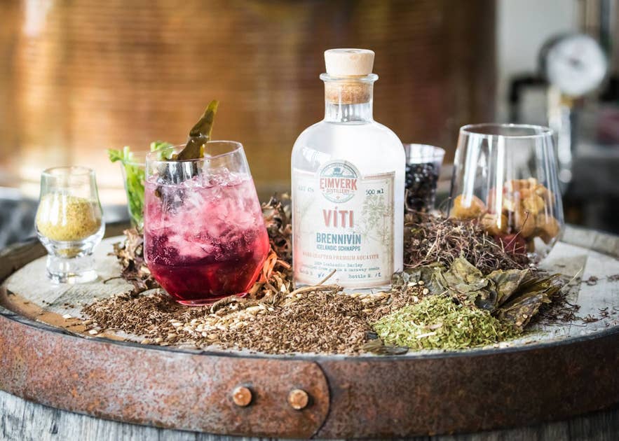Bottle of Viti Brennivín, a triple-distilled Icelandic aquavit made with locally sourced botanicals.
