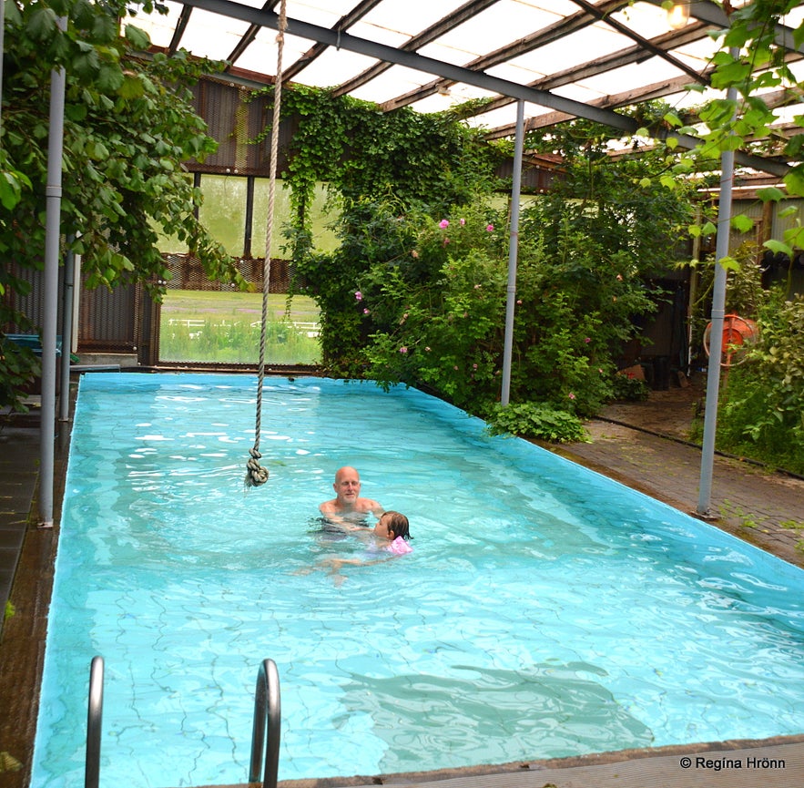 The swimming pool at Heydalur is inside a greenhouse