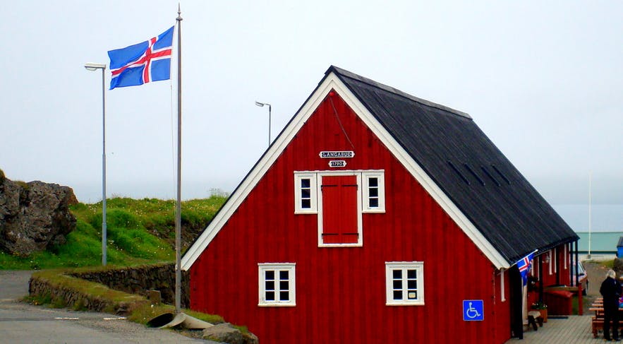 The Icelandic flag waves in the East Fjords.