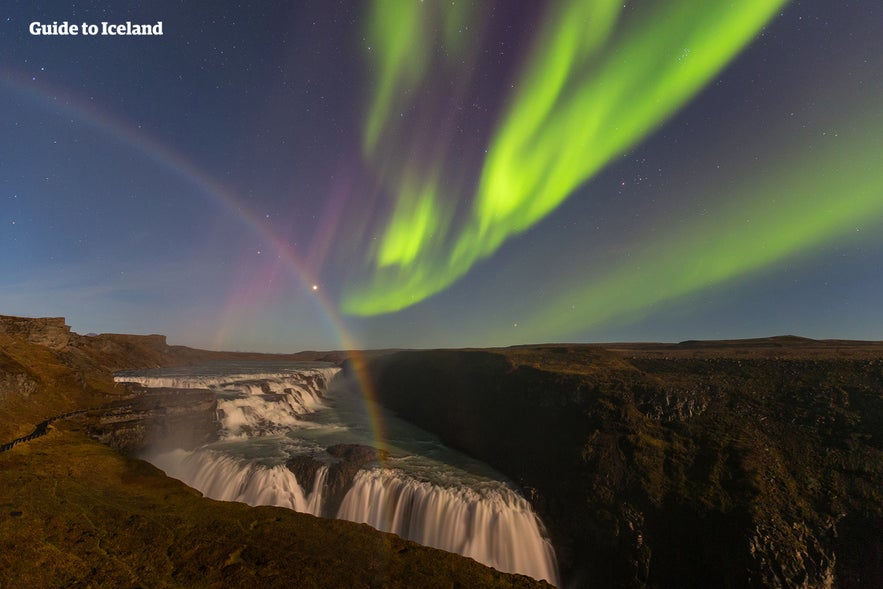 The aurora borealis over Gullfoss Waterfall.