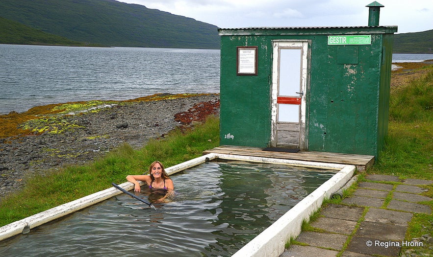 Regína soaking in Hörgshlíðarlaug swimming pool in the Wesfjords