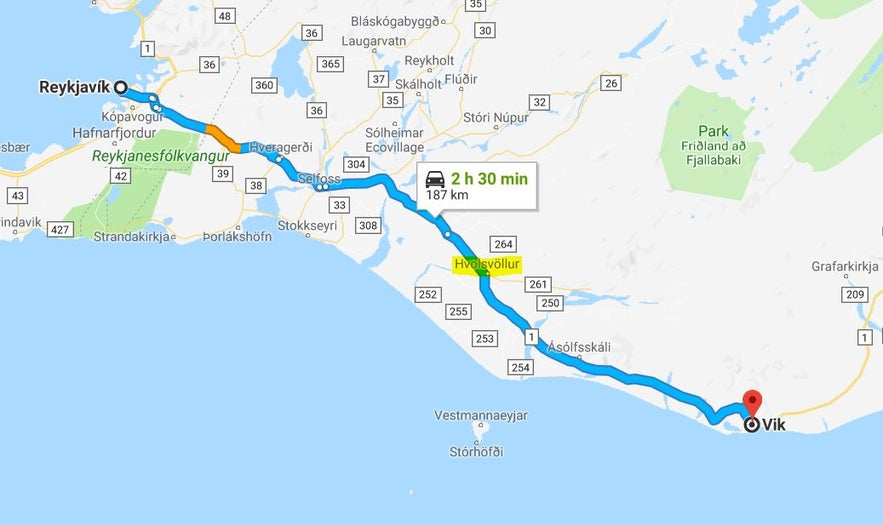 レイキャビクからヴィークの町までの道のり