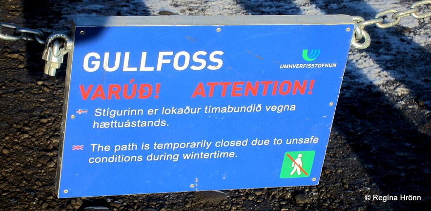 Warning signs by Gullfoss - path closed