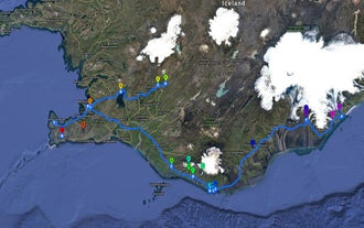 Una mappa che mostra l'itinerario di questo tour di cinque giorni in autonomia con auto a noleggio dell'Islanda meridionale