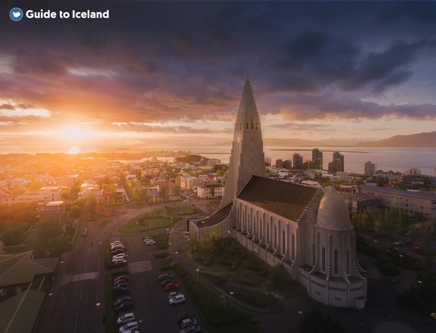 Hallgrimskirkja Church basking in the midnight sun