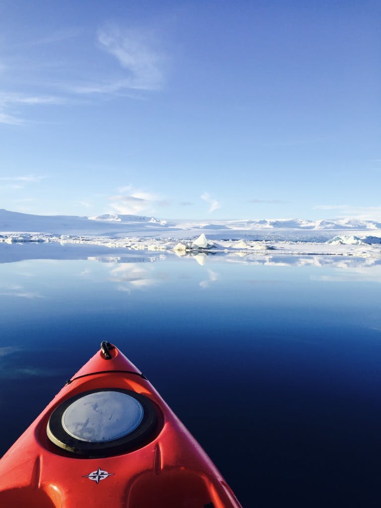 A kayaker enters Jokulsarlon.