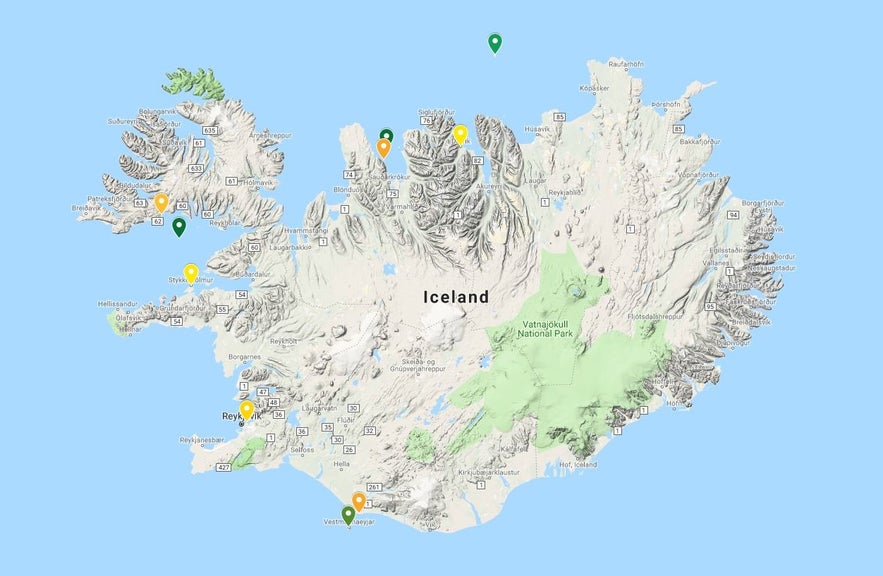 5개의 섬이 표시된 아이슬란드 지도