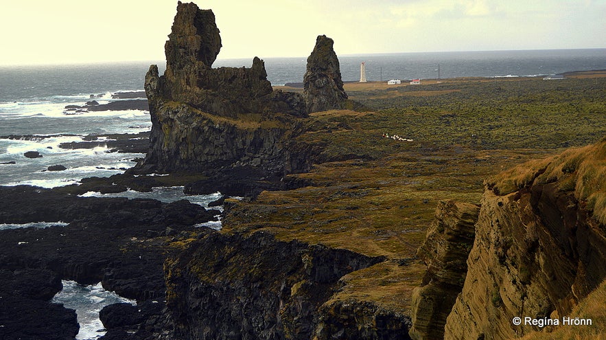 The view of Lóndrangar from Þúfubjarg cliffs Snæfellsnes peninsula