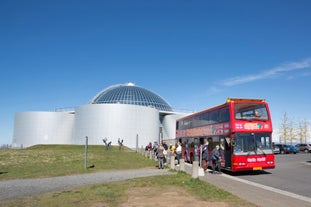 The Hop-On Hop-Off bus stopping at the Perlan museum in Reykjavik.