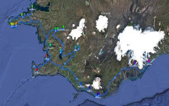 Et kort over den 10 dages langsomme kør-selv-tur på Snaefellsnes-halvøen, den Gyldne Cirkel og Sydkysten.