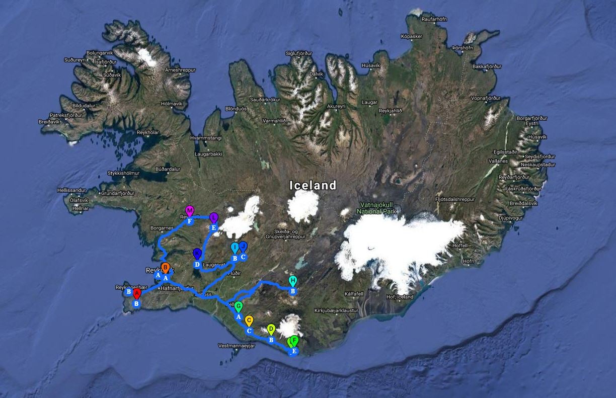 Carte de l'itinéraire de votre road trip en Islande.