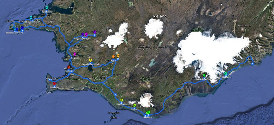 冰岛自驾地图：冰岛的西部以及南岸一线，可以慢节奏自驾，7天到12天，深度游览